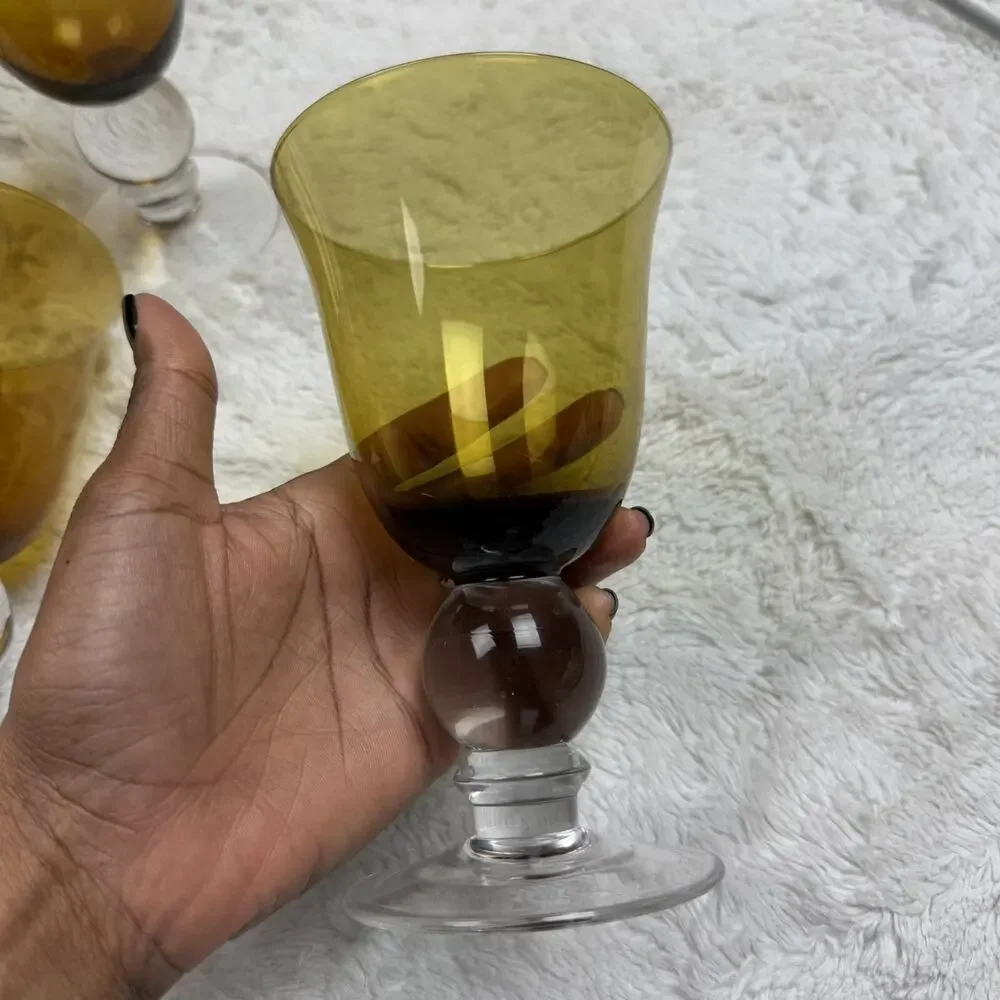 Amber & Clear Glass Iced Tea/Water Goblets Bulbous Stem 12 oz Set Of 5 Vintage
